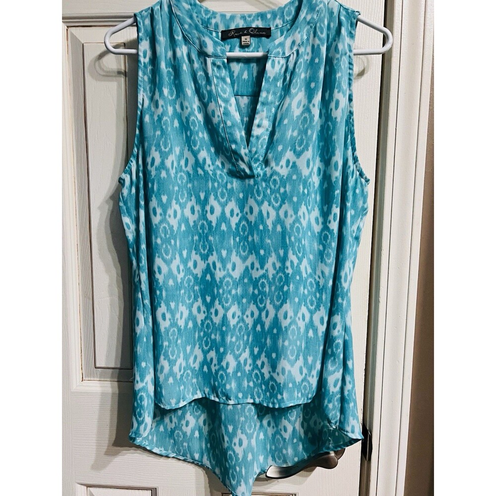 Rose & Olive Women’s Medium Turquoise Ikat Sleeveless V-Neck High-Low Blouse EUC